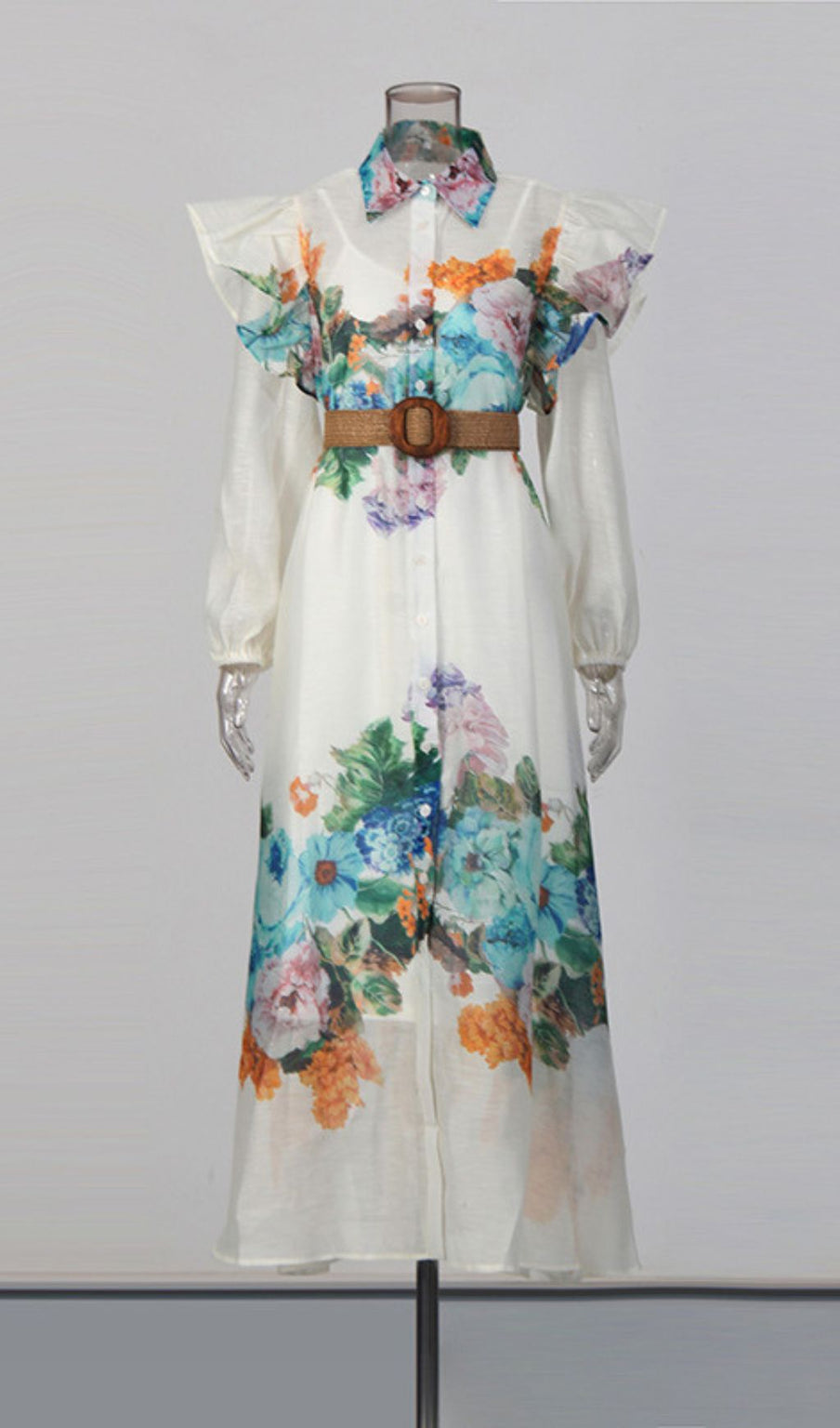 Janie Romantic Floral Ruffled Maxi Shirtdress with Belt
