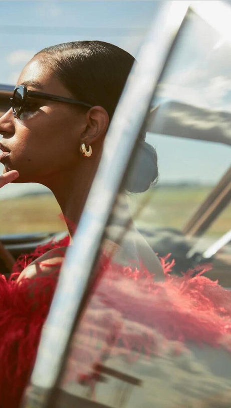 OFF-SHOULDER FEATHER PANEL RED DRESS