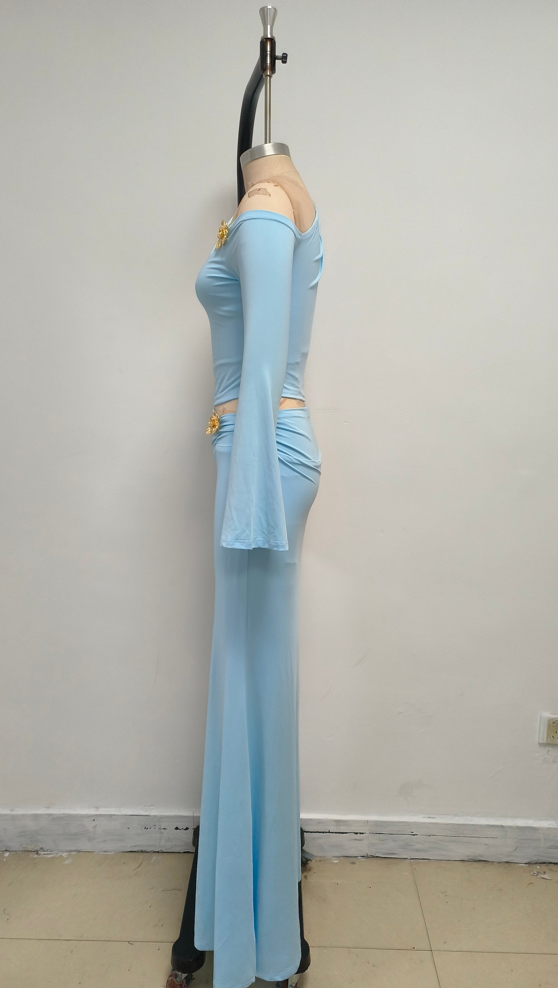 AIIZIE SLANT COLLAR HIGH WAIST SLIM LONG SKIRT BLUE SUIT - product image