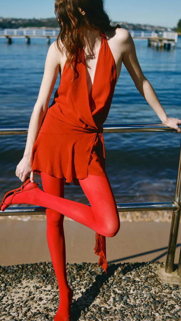 AIIZIE HALTER BACKLESS V-NECK SLEEVELESS LACE-UP MINI DRESS IN RED - product image