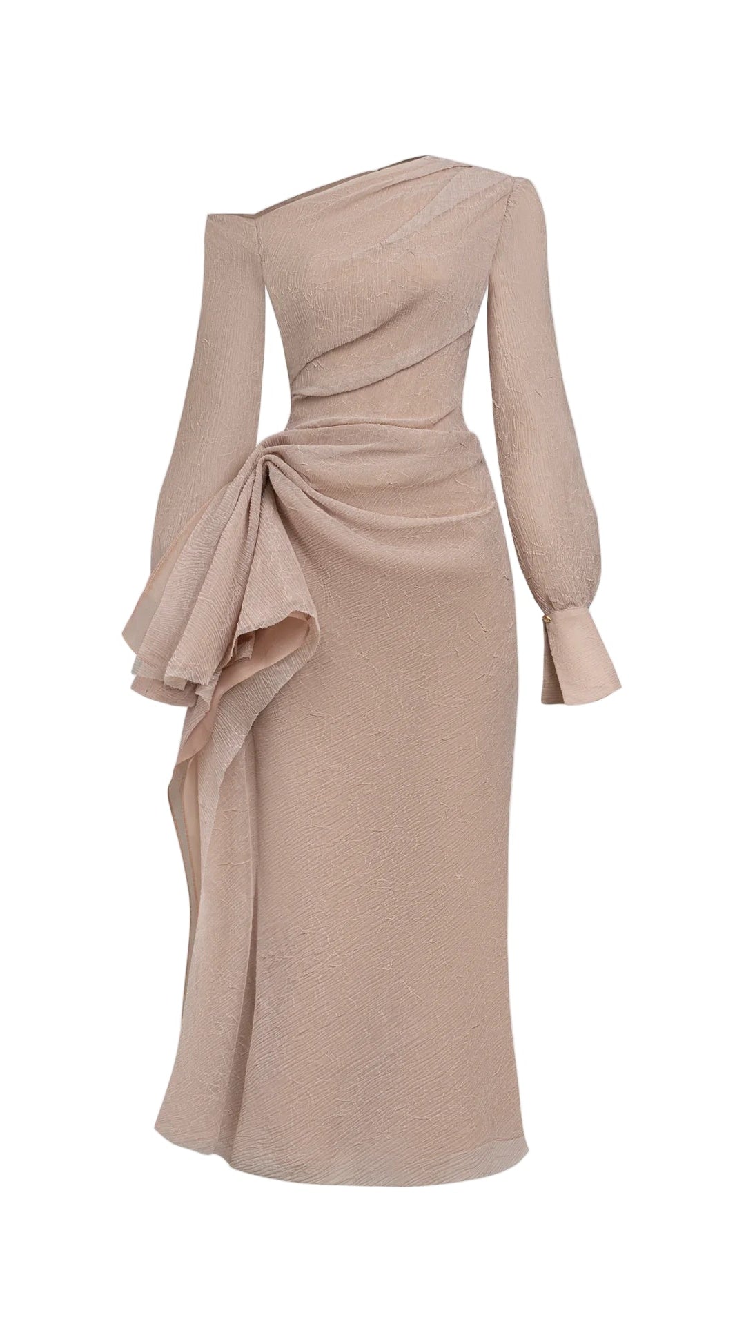 BRIANNA ASYMMETRIC LONG SLEEVE PLEATED MAXI DRESS IN BEIGE