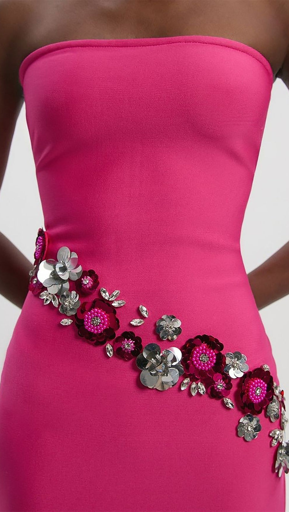 Fuchsia Pink Strapless Floral Sequin Bandage Maxi Gown