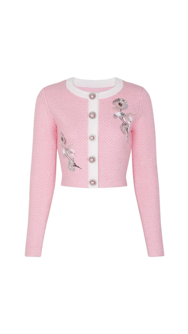 AIIZIE Chic Pink Sequin Knit Cardigan & Midi Skirt Set - product image