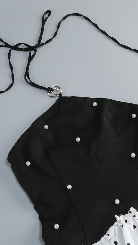 BLACK AND WHITE BEADED MINI DRESS
