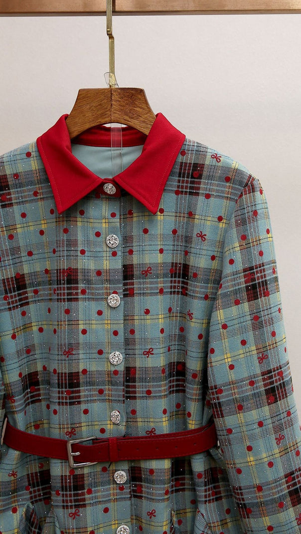 AIIZIE HUMLA PLAID BOW MINI DRESS WITH RED COLLAR & BELT - FESTIVE CHIC FOR WOMEN - product image
