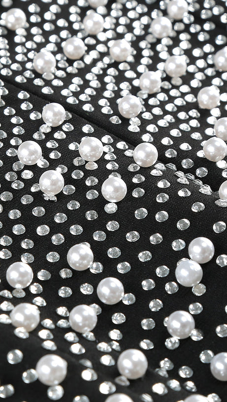 PEARL EMBELLISHED V-NECK MAXI DRESS IN BLACK