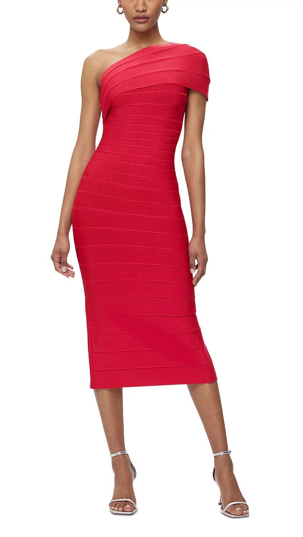 AIIZIE ABIGAIL ONE-SHOULDER BANDAGE MIDI DRESS IN RIO RED - product image
