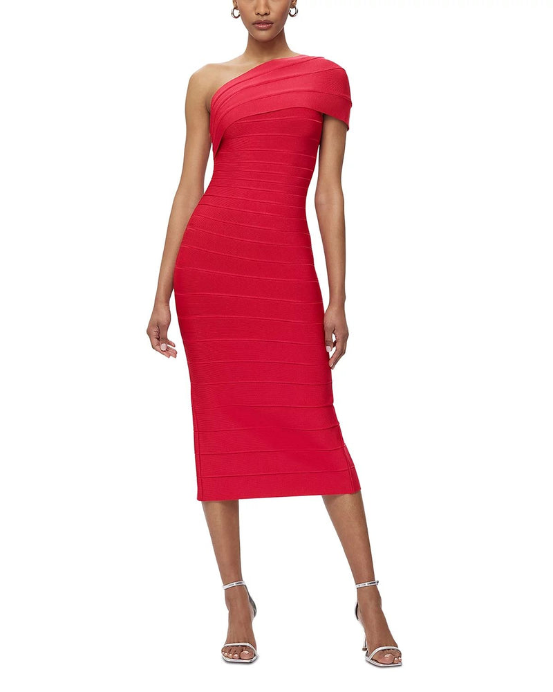 Abigail one-shoulder bandage midi Dress in rio red