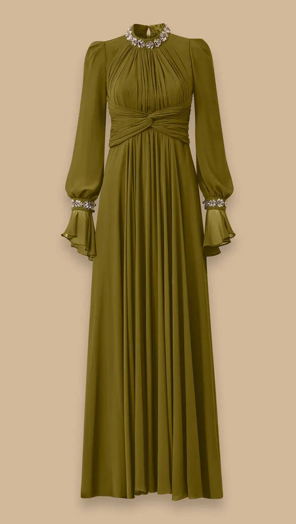 Alyssa Puff Long Sleeve Pleated Silk Maxi Dress in Green