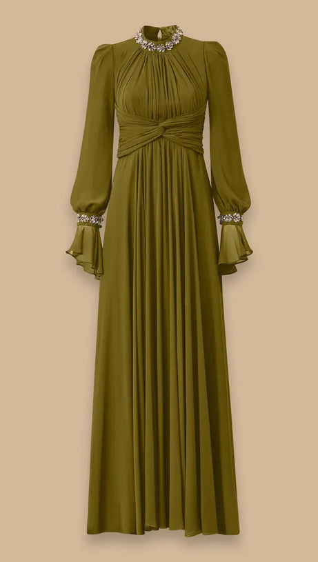 alyssa puff long sleeve pleated silk maxi dress in green