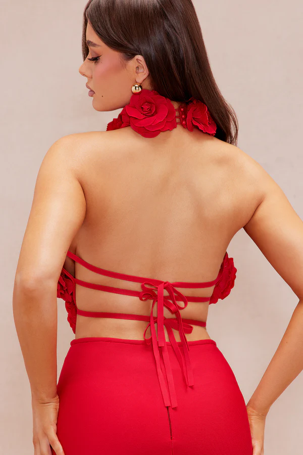 AIIZIE HALTER 3D FLOWER HOLLOW OUT BACKLESS MAXI DRESS IN RED - product image