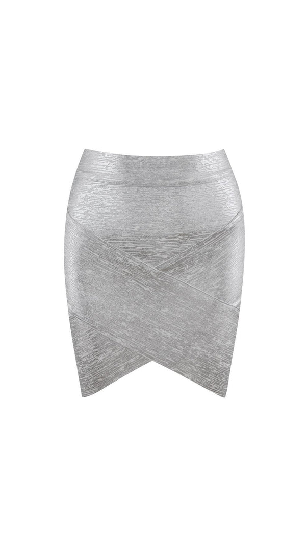 AIIZIE PWYLL SILVER METALLIC BANDAGE MINI SKIRT - CURVE-HUGGING & GLAMOROUS - product image