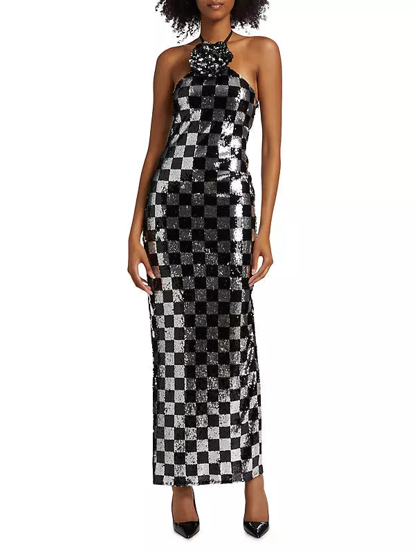 CHECKERBOARD SEQUIN HALTER GOWN WITH FLOWER