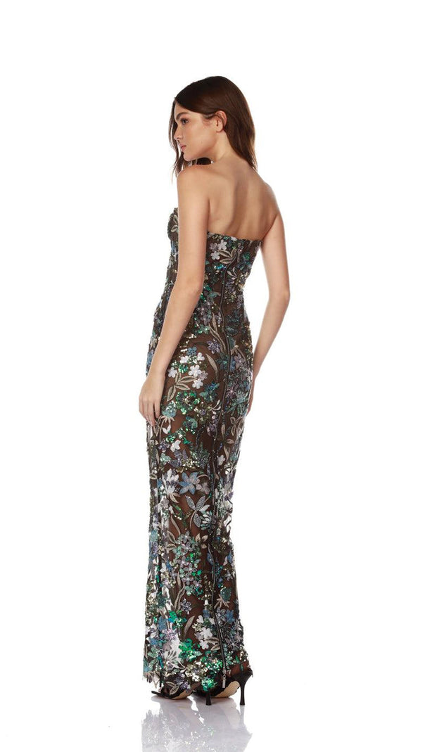 AIIZIE STRAPLESS DAHLIA SEQUINS EMBROIDERED MAXI DRESS GREEN - product image