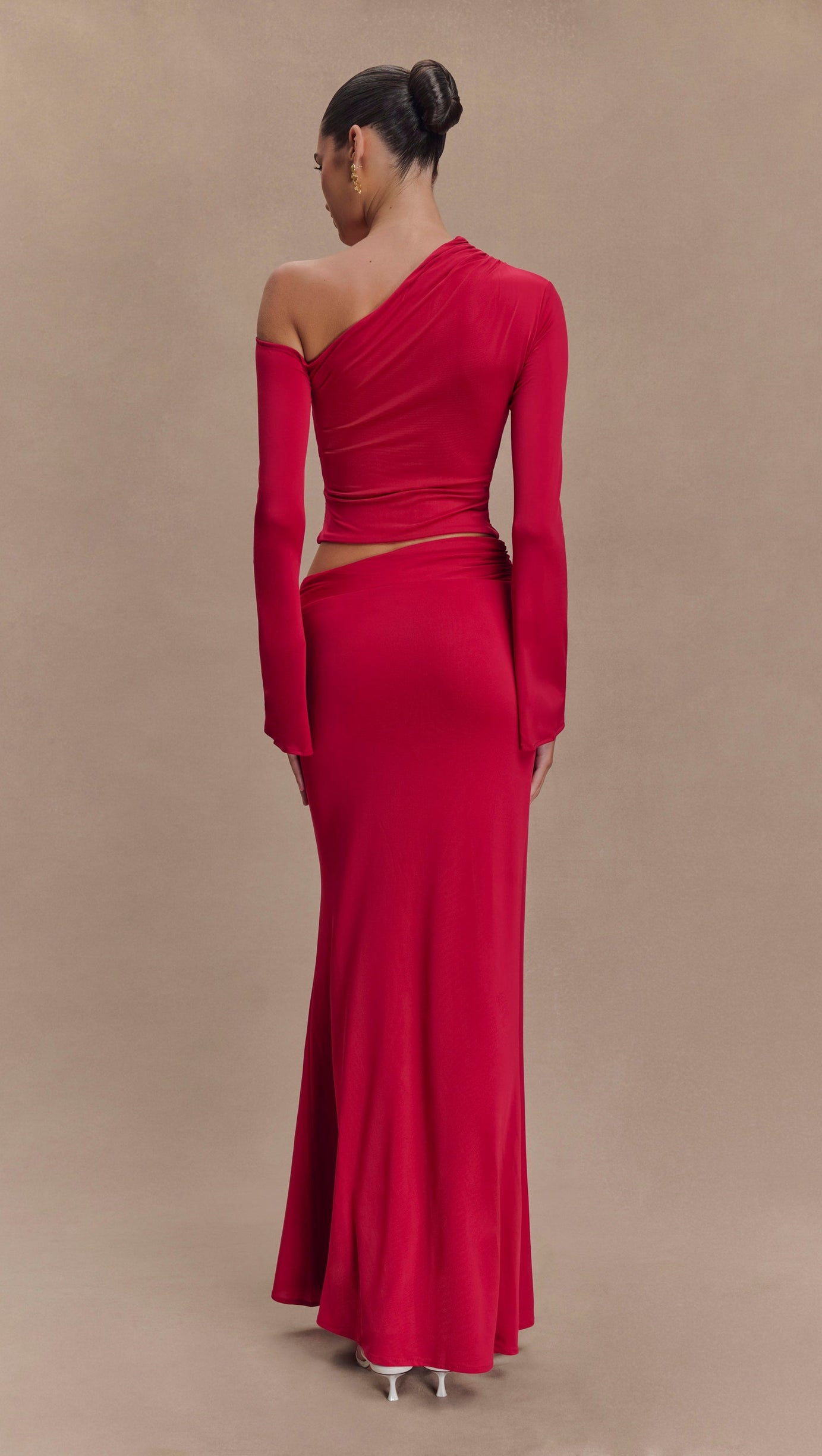 SLANT COLLAR HIGH WAIST SLIM LONG SKIRT RED SUIT
