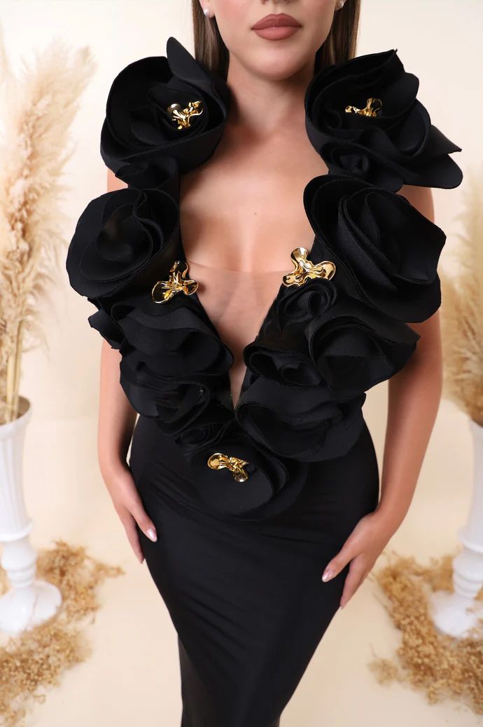 RUFFLED TOP WITH GOLD ACCENTS MAXI DRESS