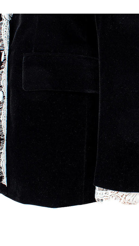 LACE-NECK VELVET BLAZER IN BLACK
