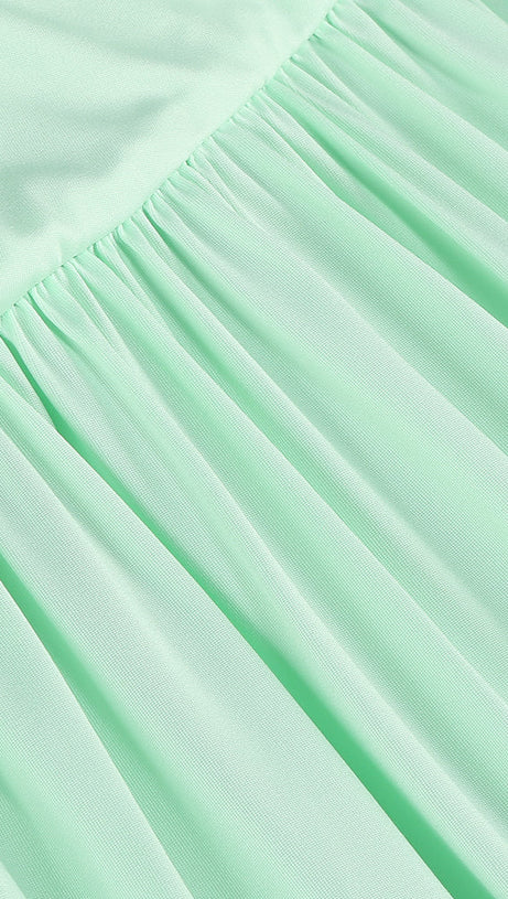 BERYL ONE SLEEVE CUTOUT RUCHED MAXI DRESS IN GREEN