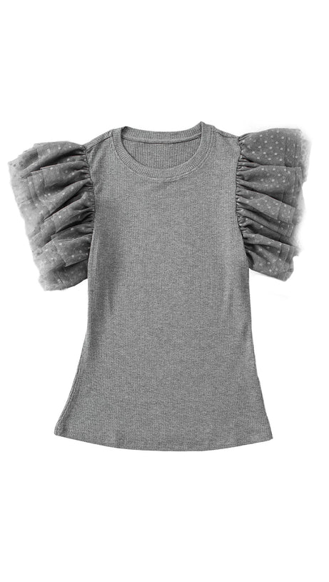 BLACK DOTTY MESH RUFFLE SLEEVE RIBBED KNIT TOP
