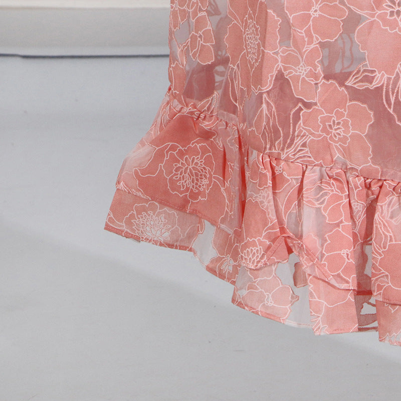 HALTER FLOWER RRUFFLE MAXI DRESS IN PINK