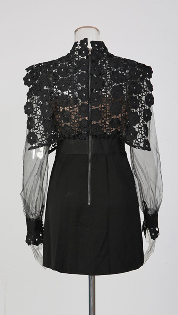 AIIZIE Jorden Black Lace Mock Neck Mini Dress with Sheer Sleeves - product image