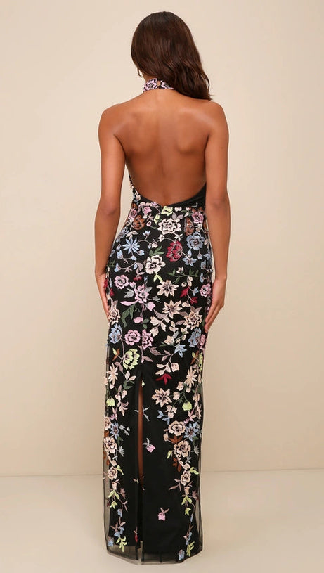 3D FLORAL EMBROIDERED HALTER MAXI DRESS IN BLACK