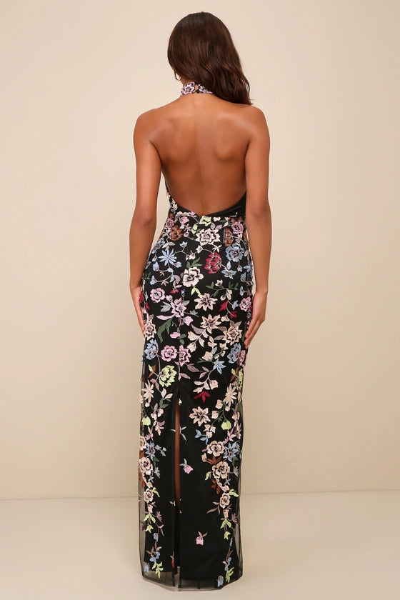 AIIZIE 3D FLORAL EMBROIDERED HALTER MAXI DRESS IN BLACK - product image