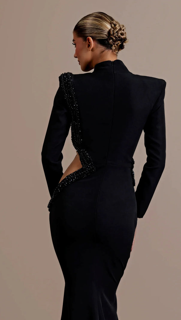 AIIZIE ANGELA CUT OUT DIAMOND BANDAGE BODYCON MAXI DRESS IN BLACK - product image