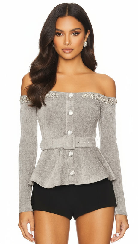 GLAMOROUS HARLEAN GREY DIAMANTE OFF-SHOULDER BELTED PEPLUM CARDIGAN