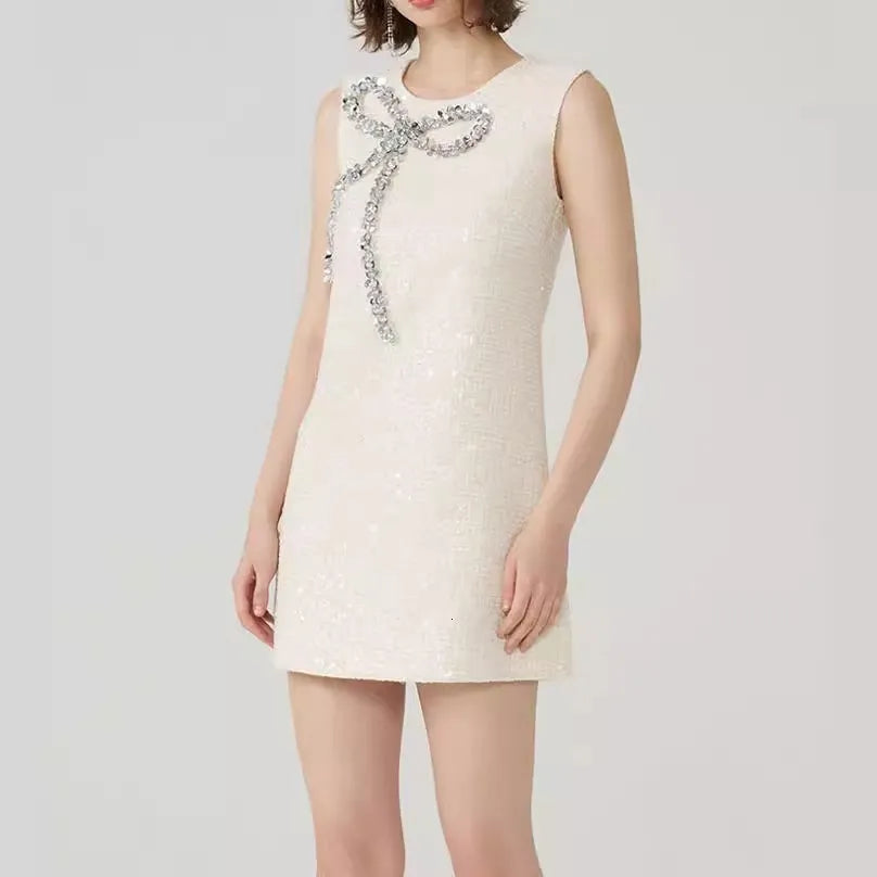 BOW SEQUIN TWEED SLEEVELESS MINI DRESS IN WHITE