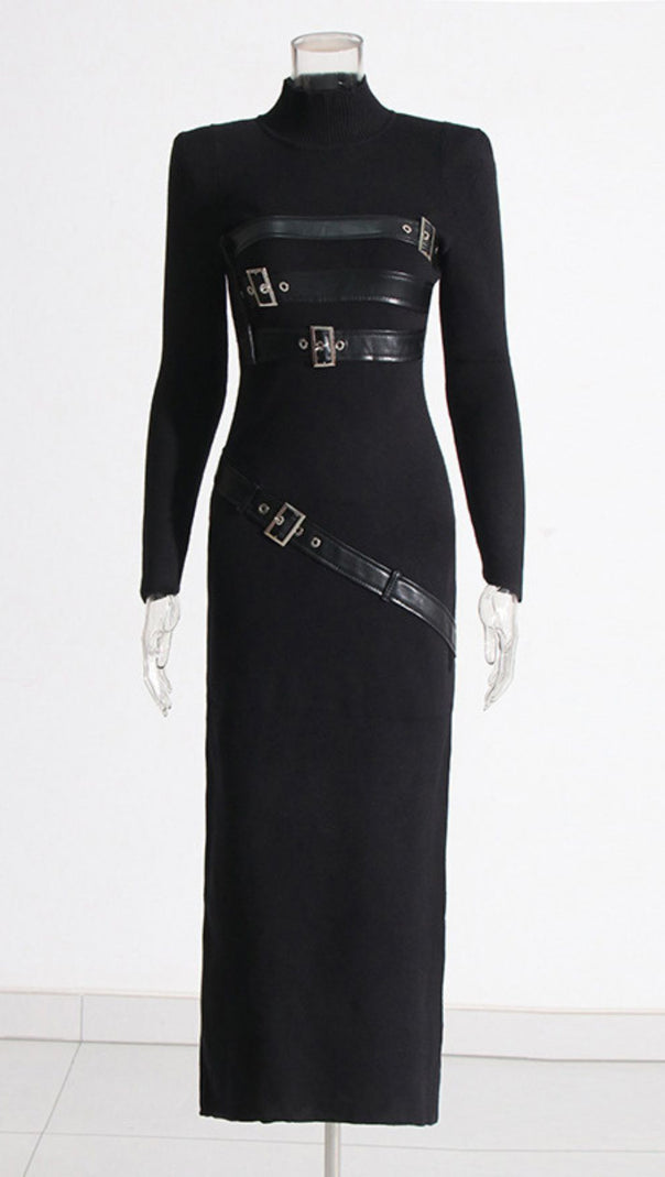AIIZIE Isai Black Statement Buckle Maxi Dress - Long Sleeve Evening Gown - product image
