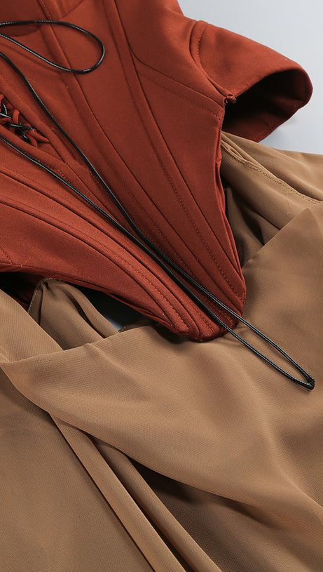 TIE - STRAP BANDEAU BROWN - RED PANELED MAXI DRESS