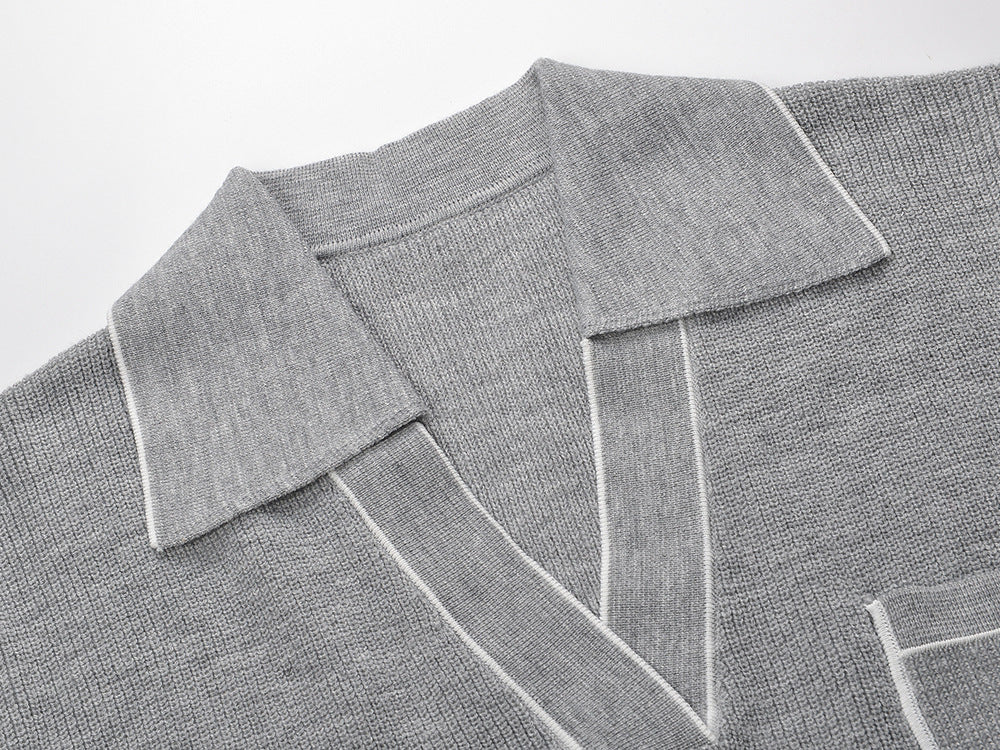 Berlin Chic Knit Polo Sweater with Contrast Piping | Women's Grey V-Neck Top