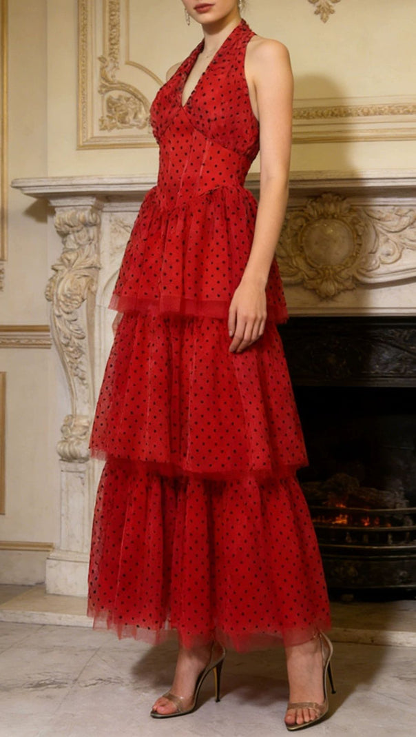 AIIZIE Janika Red Polka Dot Halter Tiered Maxi Dress - Bohemian Chic - product image
