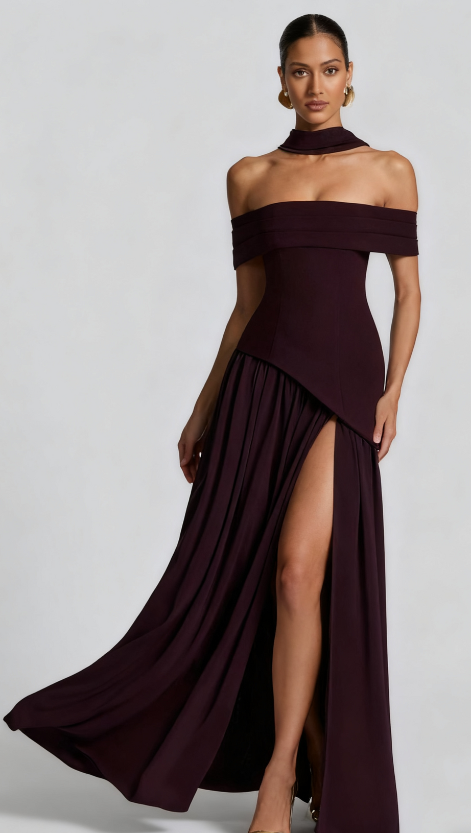 DOROTHY OFF-SHOULDER HIGH SLIT MAXI DRESS - PLUM