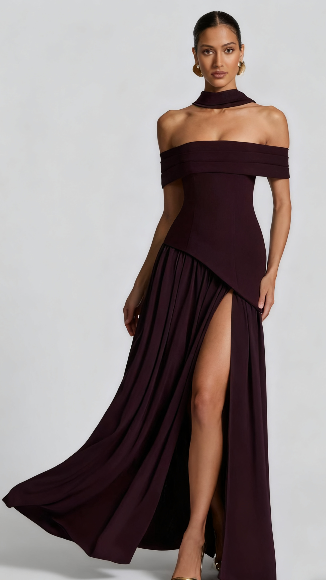 AIIZIE DOROTHY OFF-SHOULDER HIGH SLIT MAXI DRESS - PLUM - product image