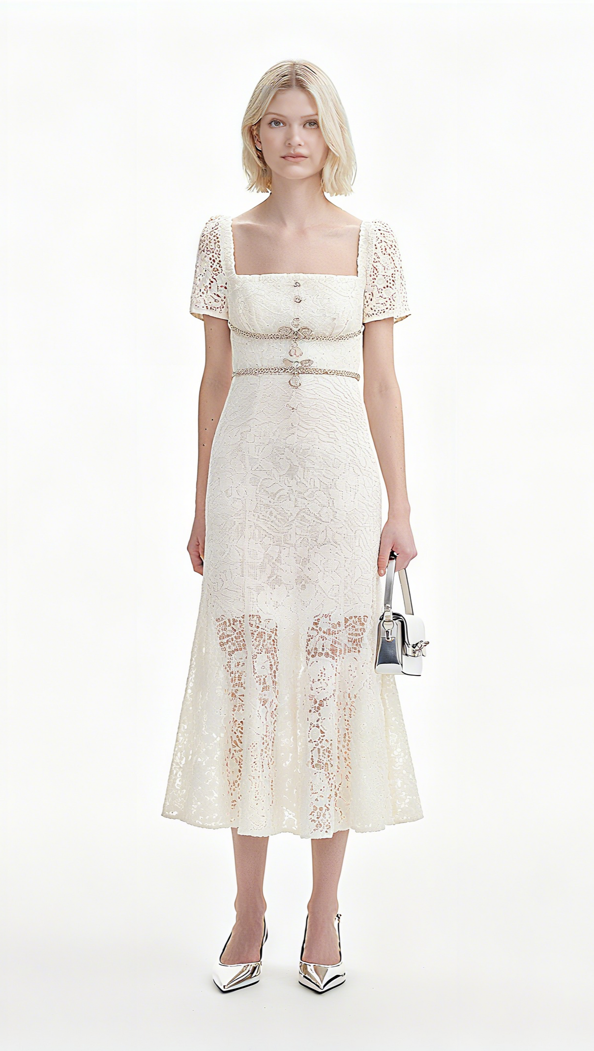 AIIZIE EMBROIDERED LACE MIDI DRESS IN CREAM - product image