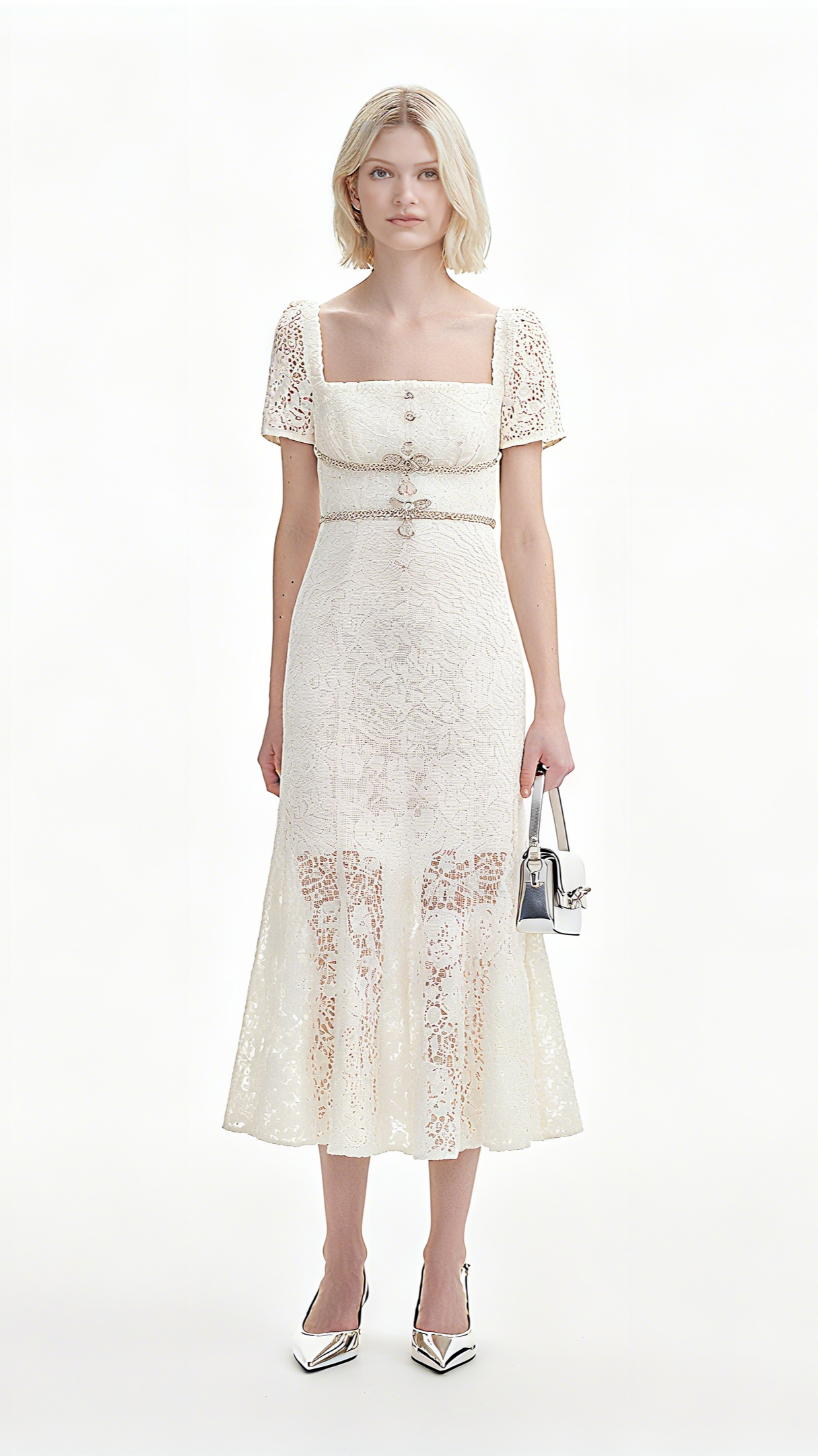 EMBROIDERED LACE MIDI DRESS IN CREAM