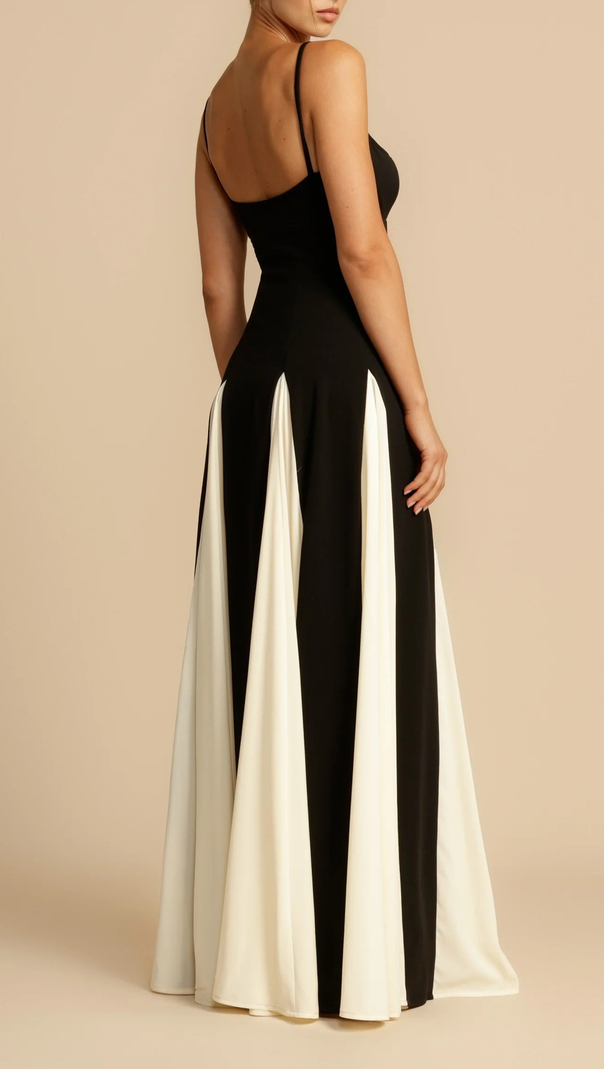 AIIZIE CLOTILDE CONTRAST COLOR SUSPENDER MAXI DRESS IN BLACK - product image