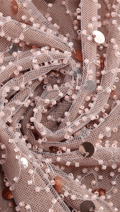 CRYSTAL LEAF EMBELLISHED SEQUIN MAXI DRESS IN PALE BROWN