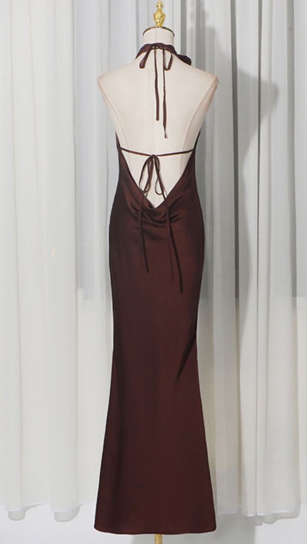 AIIZIE Jeneva Coffee Halter Maxi Dress: Luxurious Satin with a Statement Rose Choker - product image