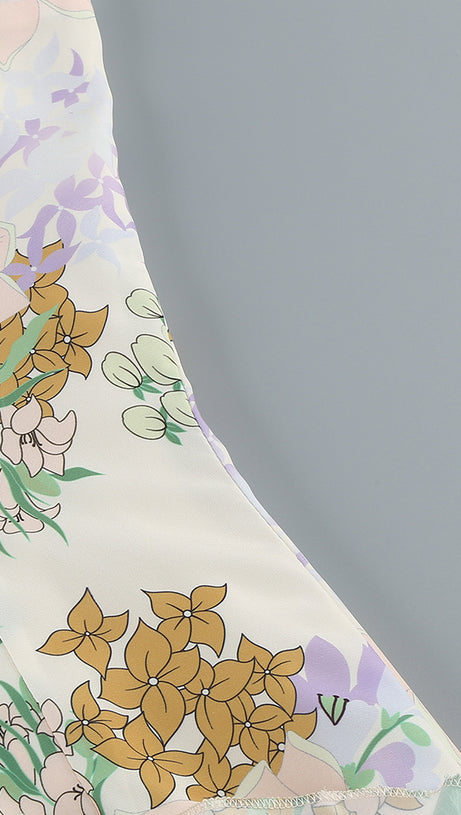 ASYMMETRICAL RUFFLED FLORAL DRAPED MAXI DRESS IN BEIGE