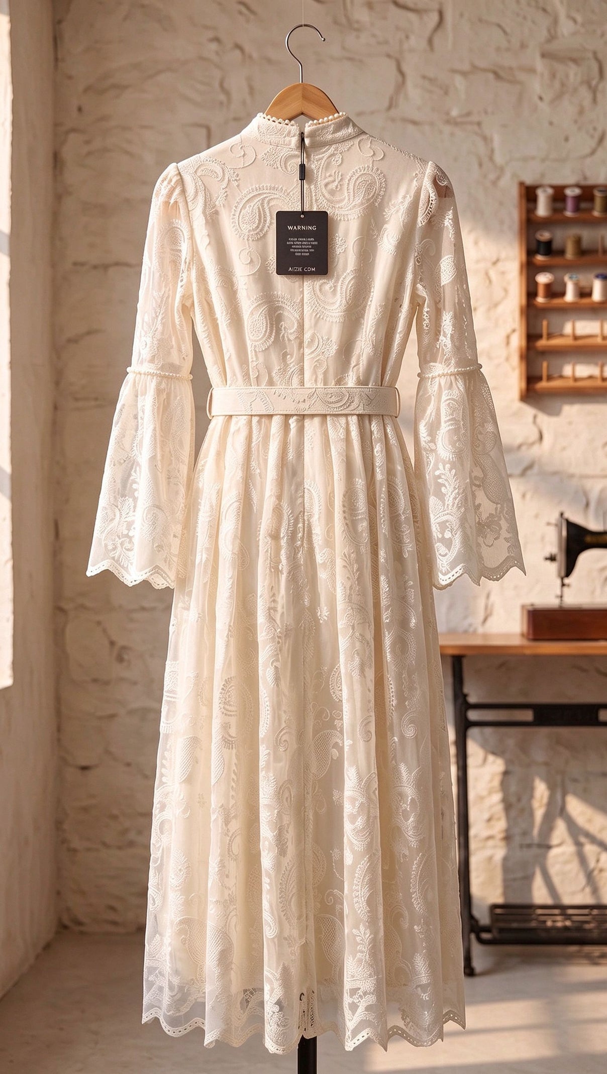 Cream Embroidered Floral Lace A-Line Dress