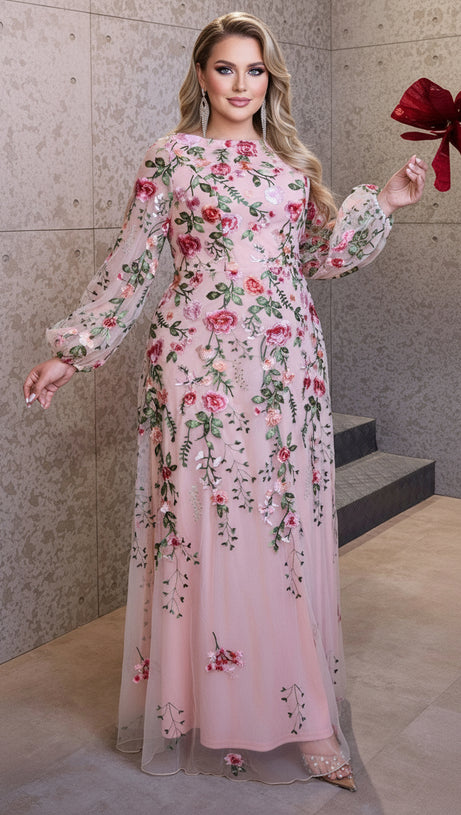 HELIA ENCHANTING FLORAL EMBROIDERED PLUS SIZE MAXI DRESS | ELEGANT LONG SLEEVE GOWN