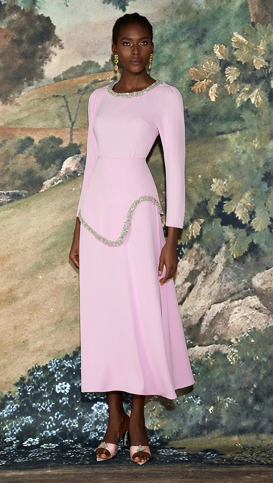 damla Rhinestone embellished Long Sleeve Midi Dress - pink