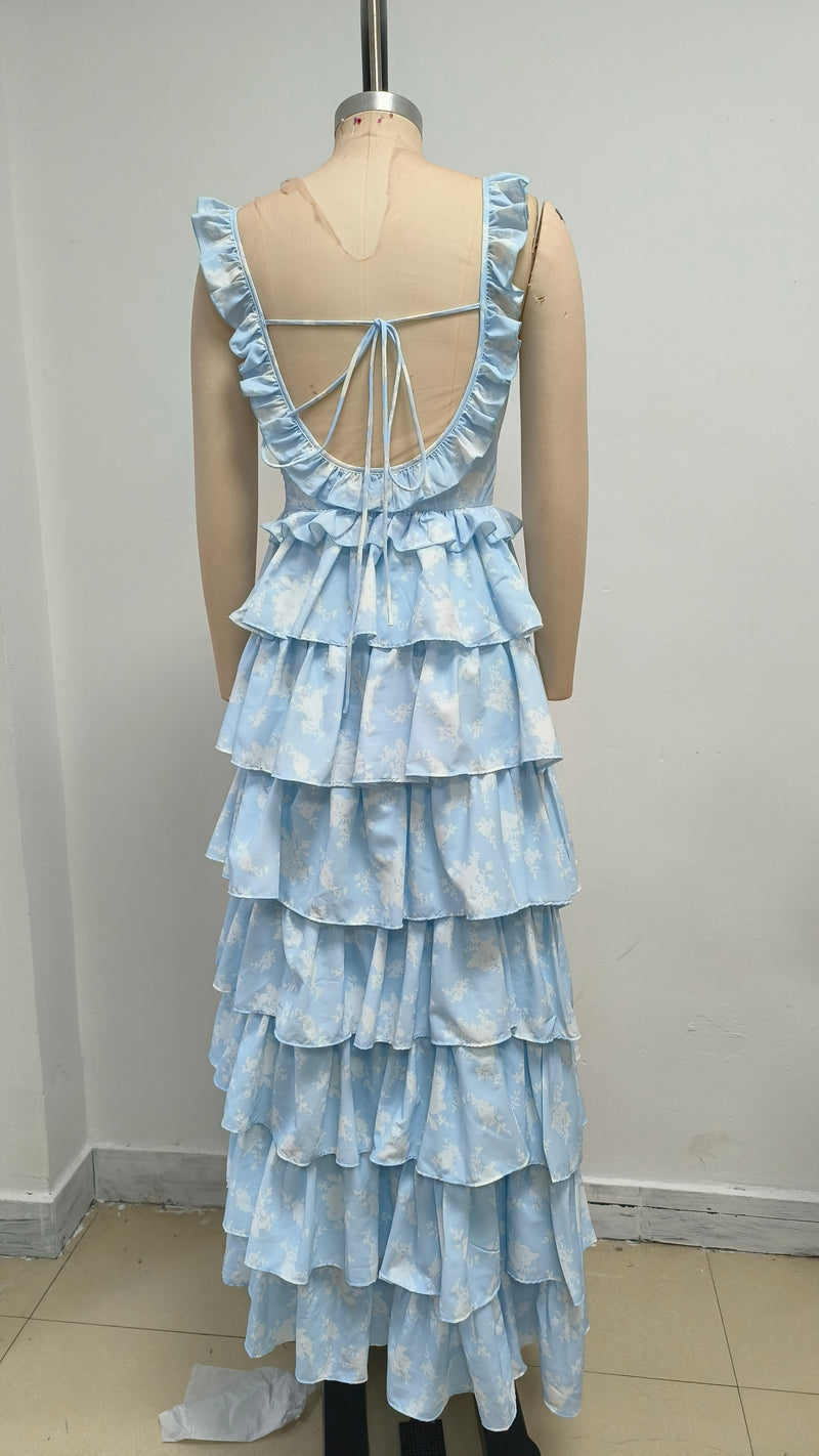 Light blue suspender cake maxi dress