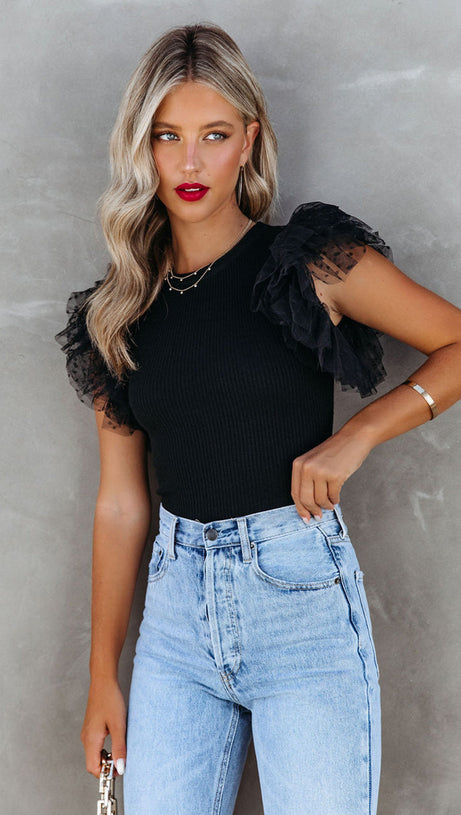 BLACK DOTTY MESH RUFFLE SLEEVE RIBBED KNIT TOP