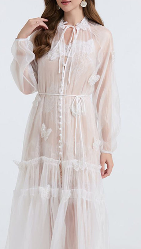 SEE-THROUGH BLOUSE MAXI DRESS WITH LACE SKIRT IN WHITE