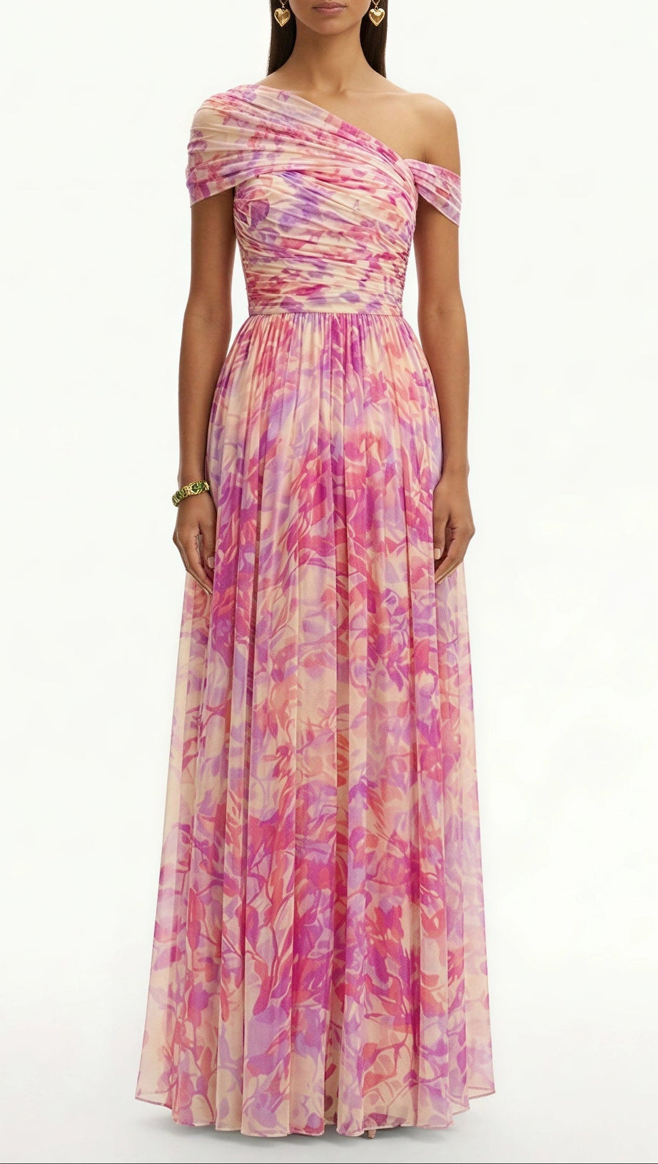 tiffany Floral Skew Collar Chiffon Maxi Dress - pink