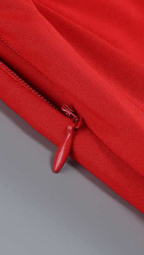 SLANT COLLAR HIGH WAIST SLIM LONG SKIRT RED SUIT